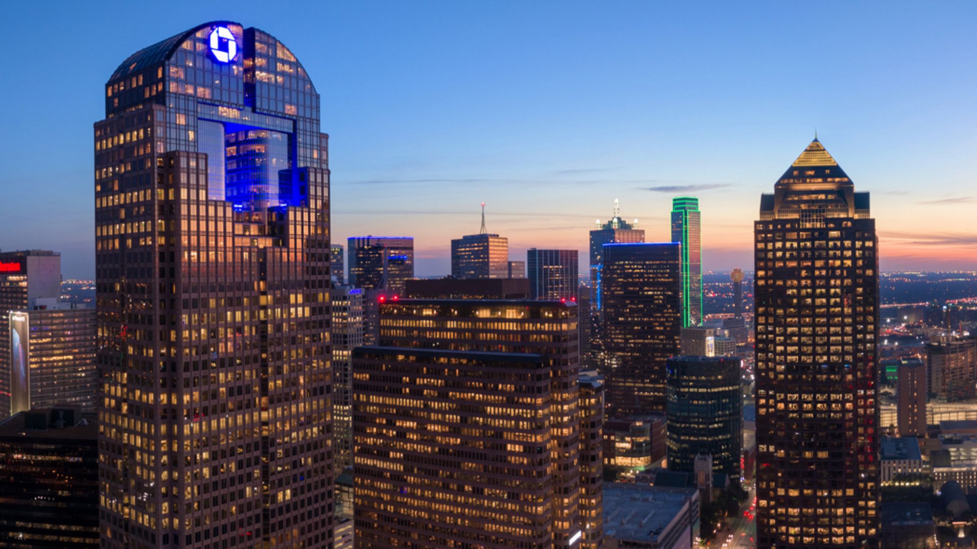 City view of Dallas in the evening.