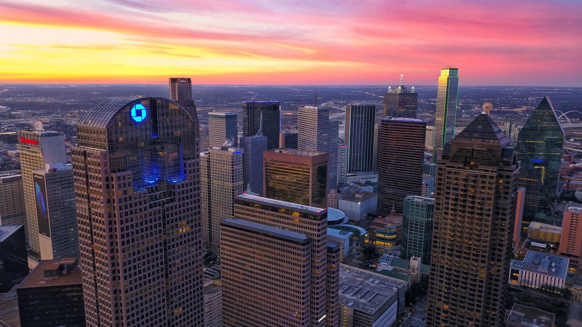 City view of Dallas at sunset.